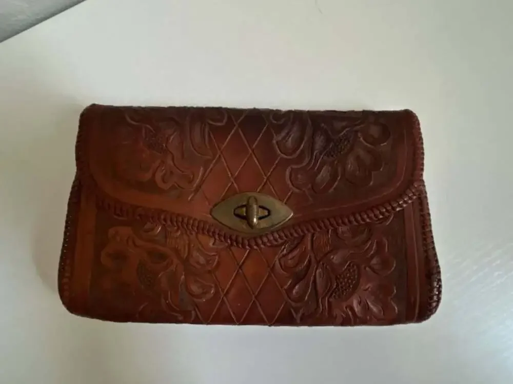 Vintage Hand-Tooled Floral Leather Clutch Purse with Turn-Lock Closure
